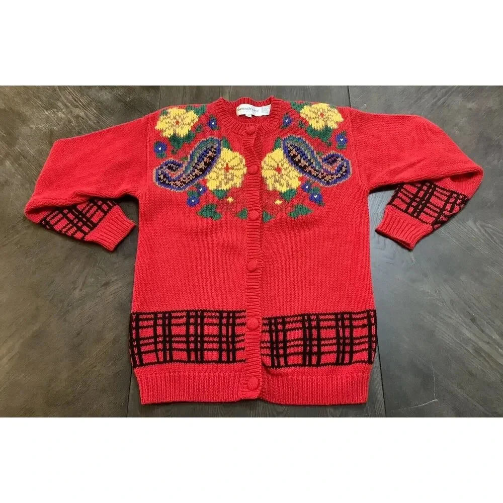 Vintage The Eagle's Eye Sweater Hand Knit Teacher School Cardigan Flowers SZ M